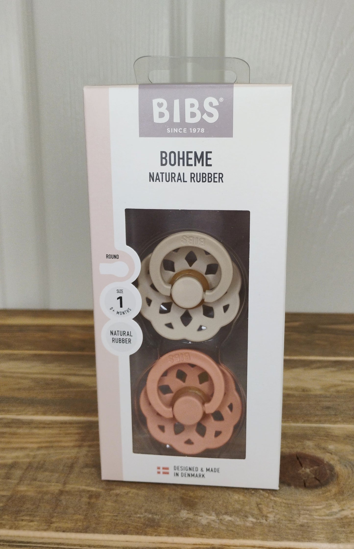 BIBS Boheme Pacifier (Size 1, Size 2) (Pink/Coral, Dark Oak/Blush, Vanilla/Peach)