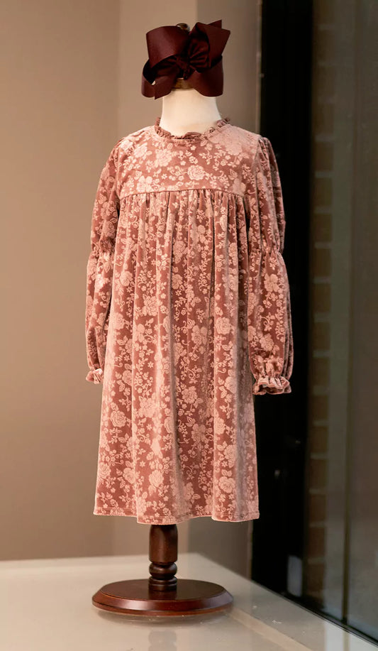 Bonnie Jean Floral Velvet Rose Long Sleeve Dress