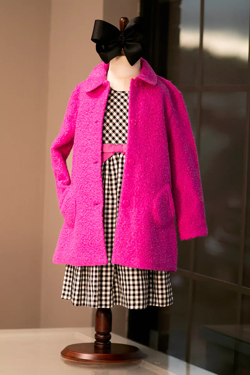 Bonnie Jean Fuchsia Fluff Coat with Black Checkered Dress