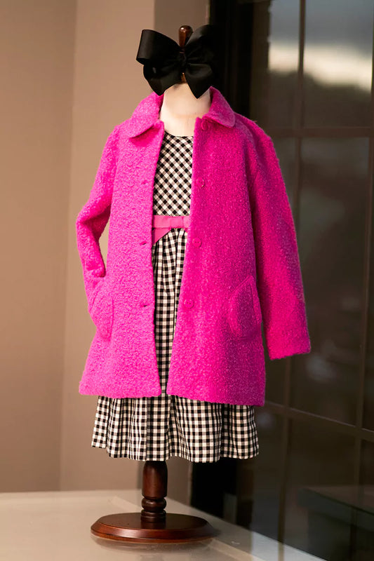Bonnie Jean Fuchsia Fluff Coat with Black Checkered Dress