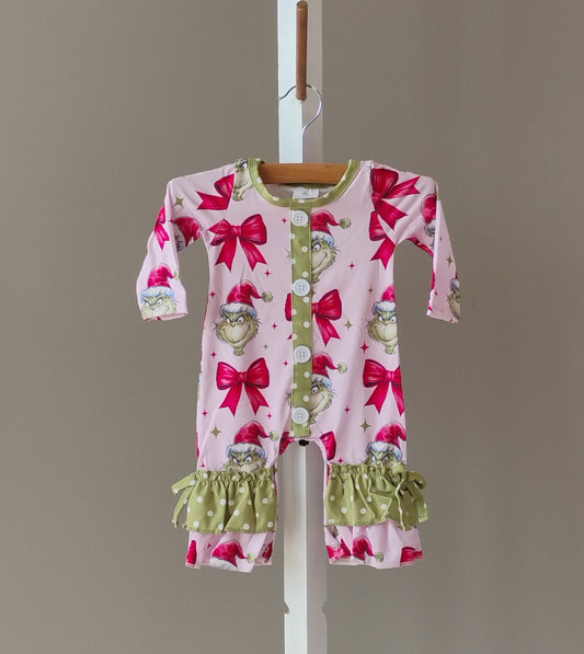 Grinch Bow Ruffled Romper