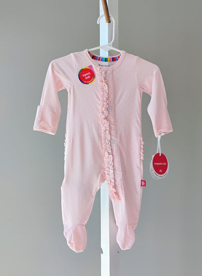Magnetic Me Pin Dot Pink Ruffle Placket Footie