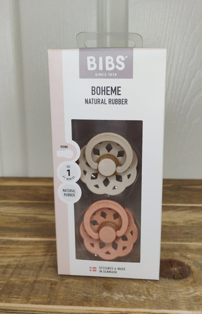 BIBS Boheme Pacifier (Size 1, Size 2) (Pink/Coral, Dark Oak/Blush, Vanilla/Peach)