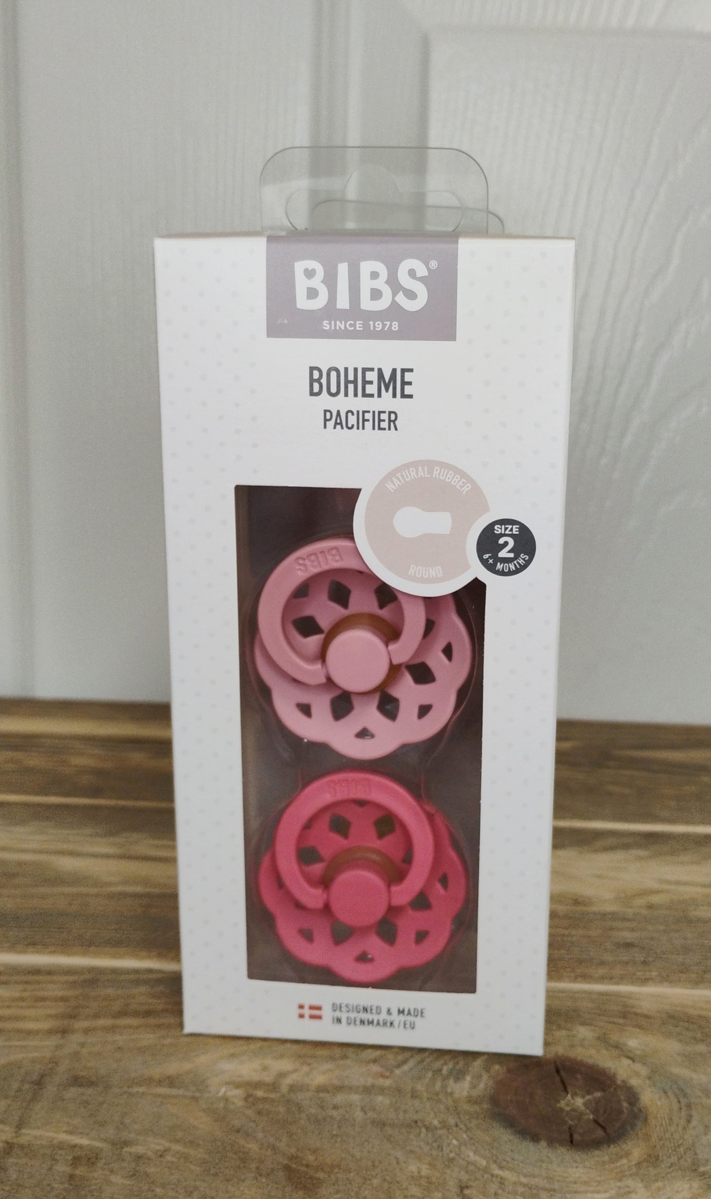 BIBS Boheme Pacifier (Size 1, Size 2) (Pink/Coral, Dark Oak/Blush, Vanilla/Peach)