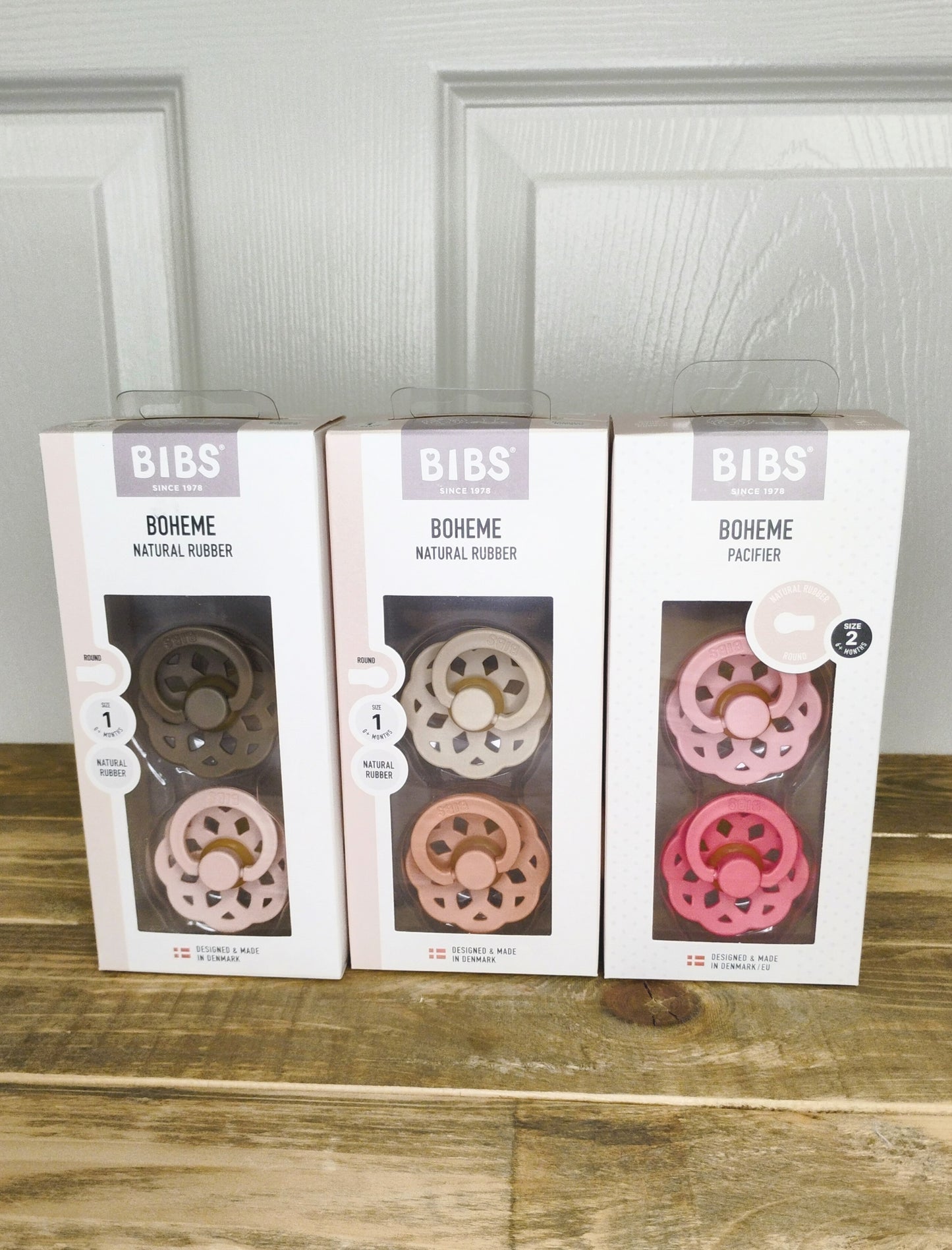 BIBS Boheme Pacifier (Size 1, Size 2) (Pink/Coral, Dark Oak/Blush, Vanilla/Peach)