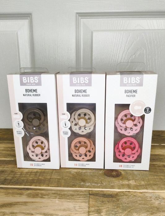 BIBS Boheme Pacifier (Size 1, Size 2) (Pink/Coral, Dark Oak/Blush, Vanilla/Peach)