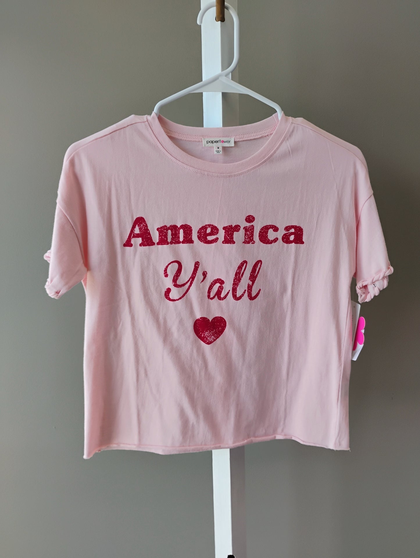 MEMORIAL SALE Paper Flower AMERICA YALL Tees (White or  Pink)