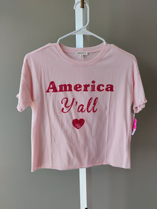MEMORIAL SALE Paper Flower AMERICA YALL Tees (White or  Pink)