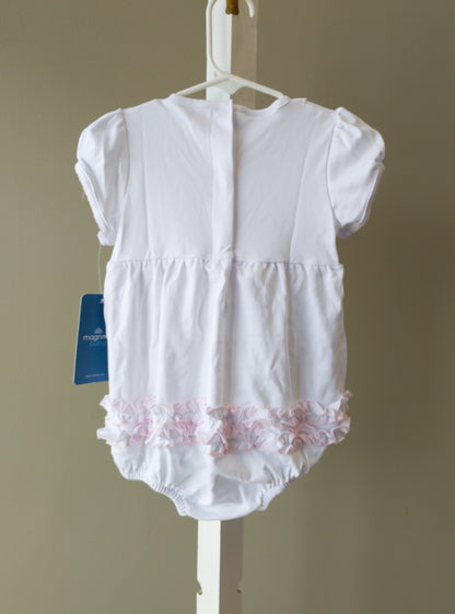 Magnolia Baby Essentials White Ruffle Bubble w/ Pink Trim