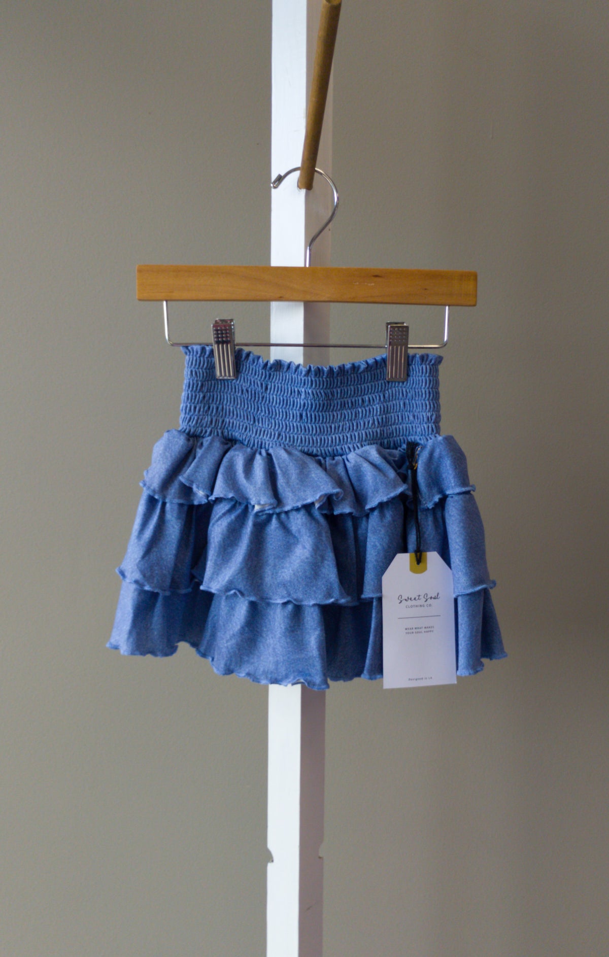 Paper Flower Faux Denim Ruffle Skort