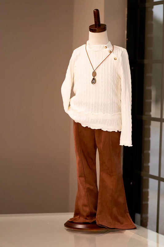 Bonnie Jean Ivory Sweater with Suede Brown Pants