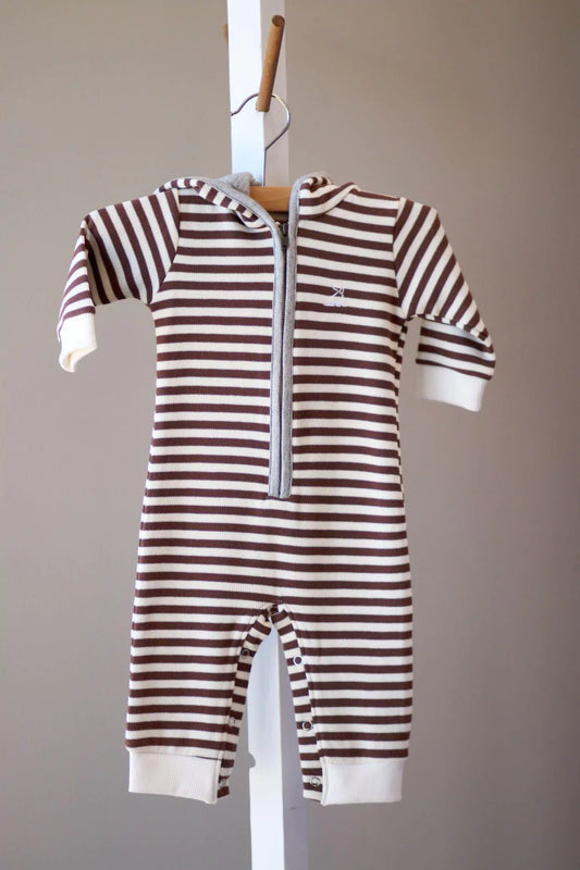 Me & Henry Blaine Hooded Romper Tan/Cream Stripe