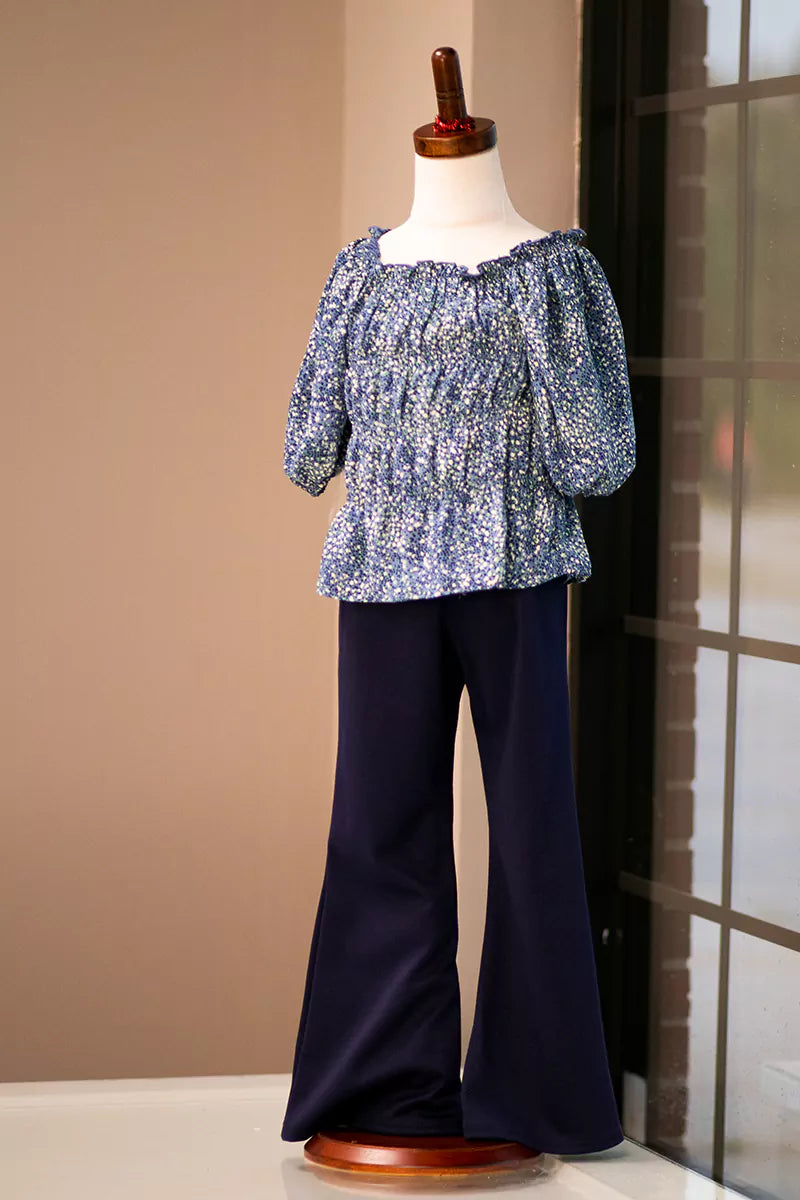 Bonnie Jean Navy Dotted Puff Sleeve Pant Set