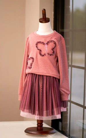 Bonnie Jean Rose Long Sleeve Butterfly Shirt with Tutu Set