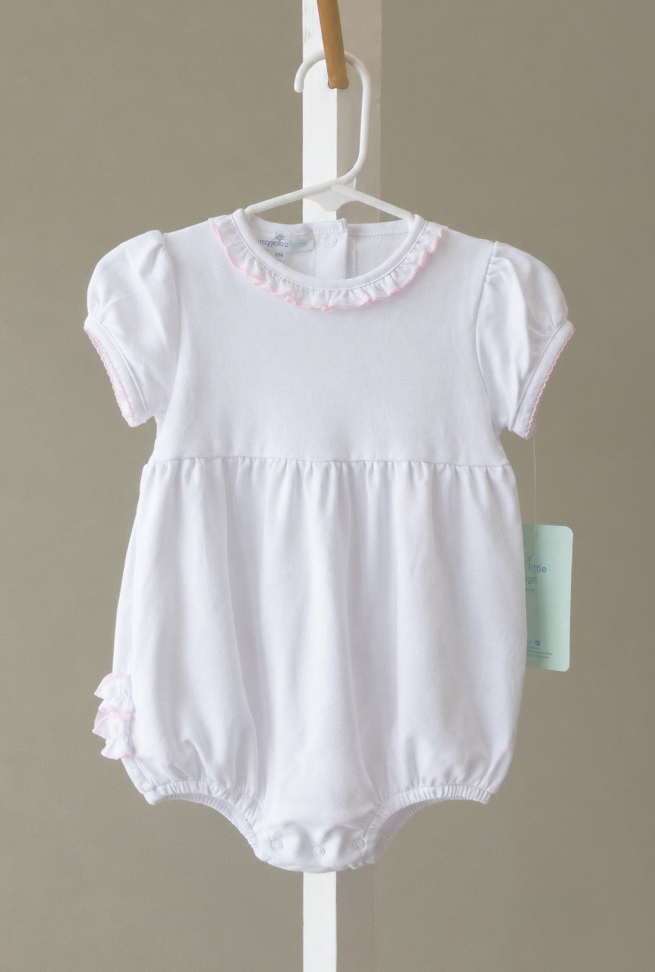 Magnolia Baby Essentials White Ruffle Bubble w/ Pink Trim