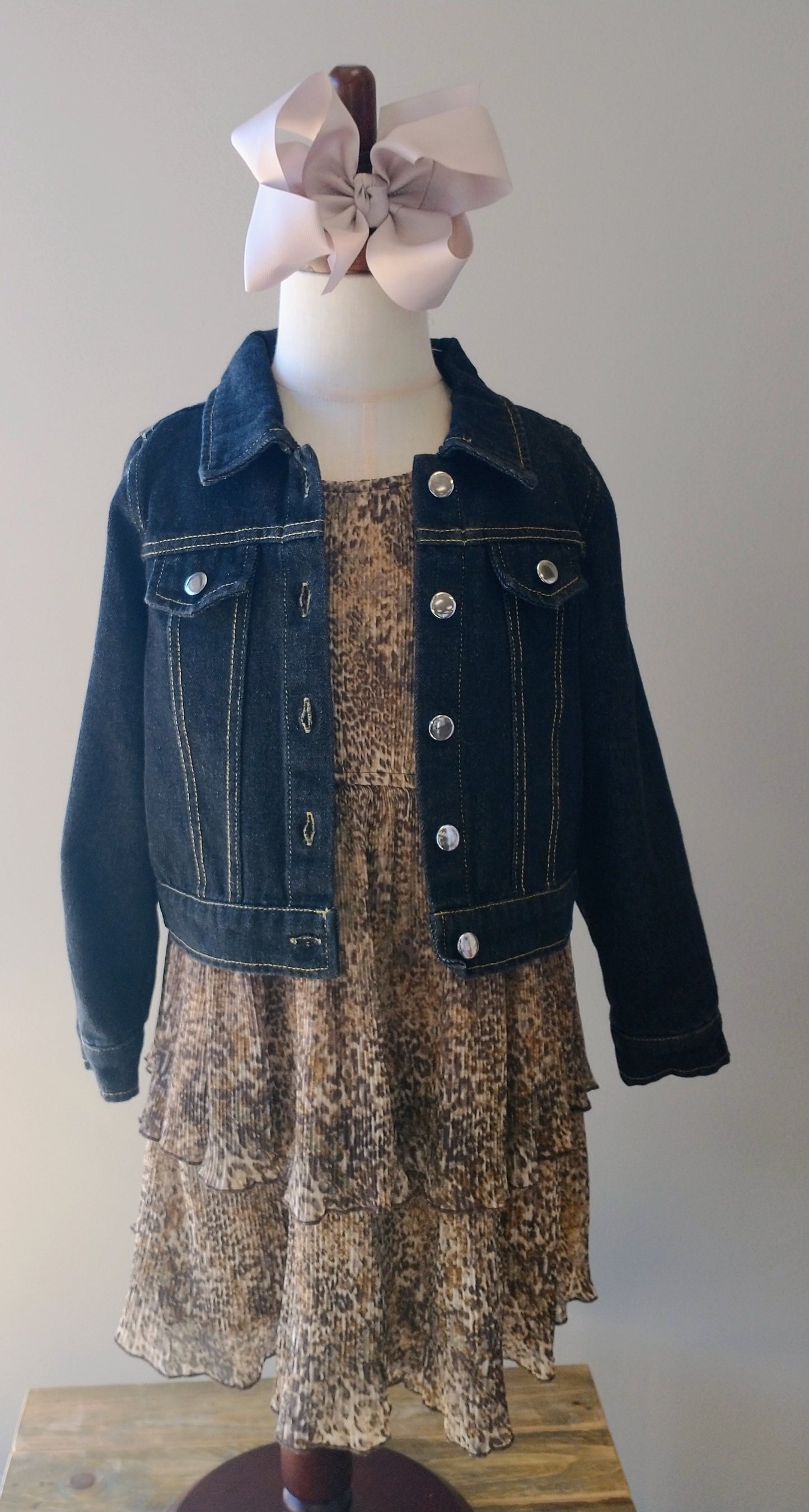 Bonnie Jean Black Jean Jacket with Animal Print Dress
